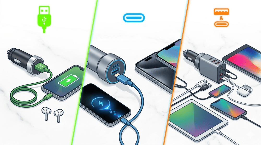 Infografika podzielona na trzy sekcje prezentująca typy ładowarek: USB-A podłączoną do smartfona, USB-C ładującą laptopa oraz model wieloportowy zasilający jednocześnie tablet, telefon i laptop, co ułatwia wybór odpowiedniej opcji, jaką jest szybka ładowarka do telefonu samochodowa.